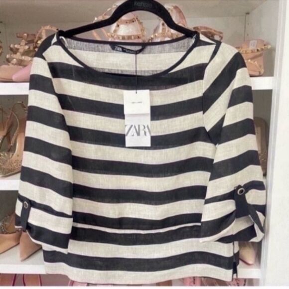NWT Elegant ZARA STRIPED LINEN TOP Size XS - Picture 4 of 13